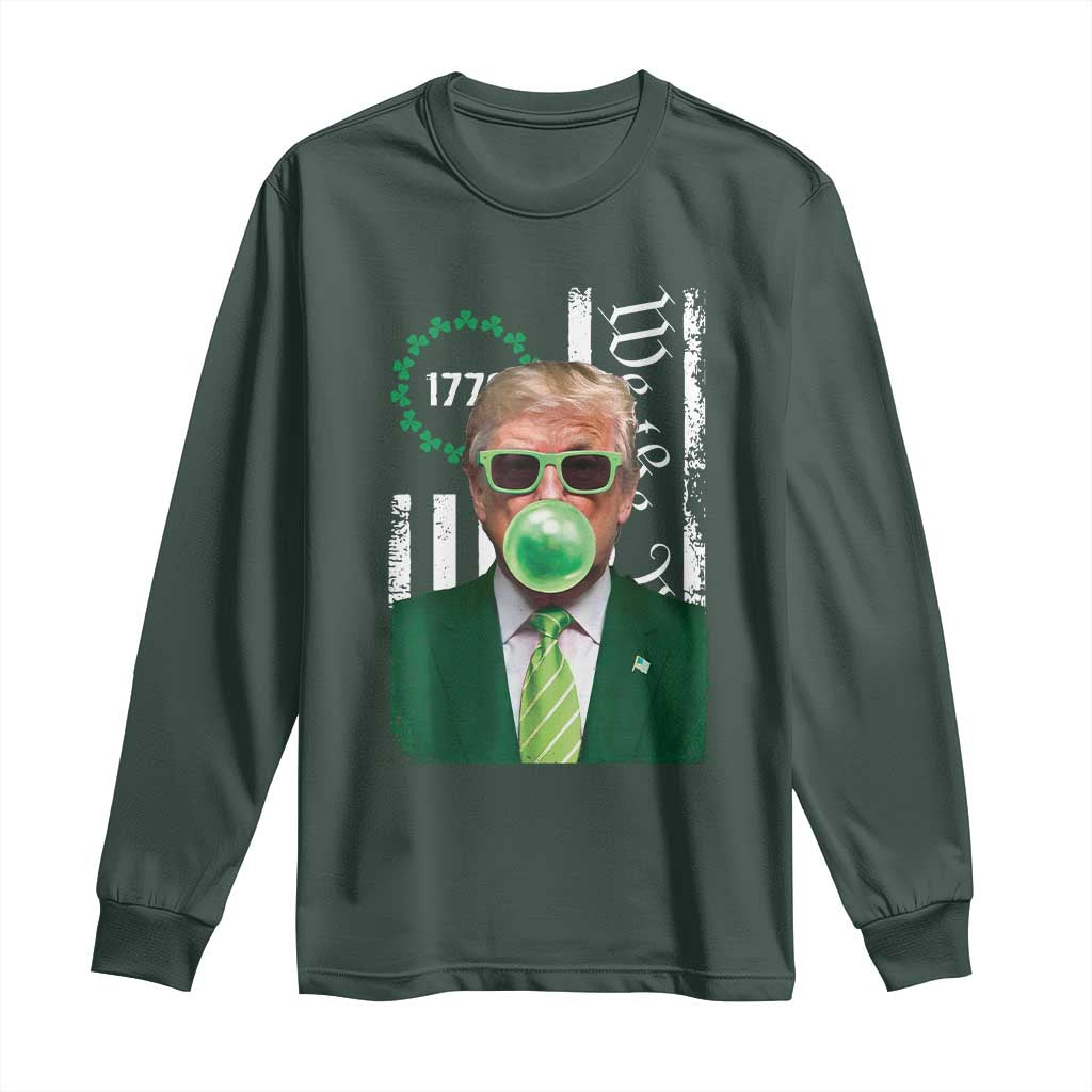 Funny Trump St. Patrick's Day Long Sleeve Shirt Trump Green Bubble Gum Anerica Flag TS09 Dark Forest Green Print Your Wear