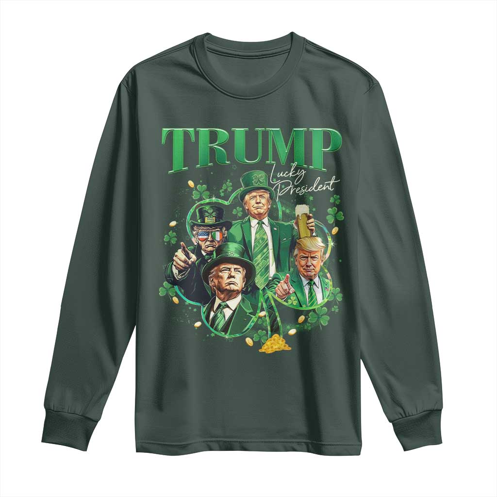 Funny Trump St. Patrick's Day Long Sleeve Shirt Shamrock Lucky President Trump TS09 Dark Forest Green Print Your Wear