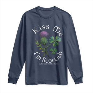 Funny St. Patrick's Day Long Sleeve Shirt Kiss Me I'm Scottish TS09 Navy Print Your Wear