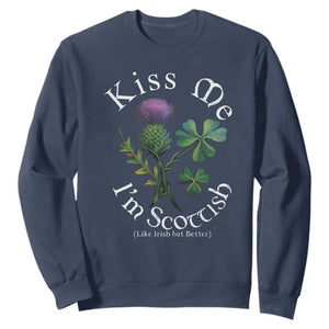 Funny St. Patrick's Day Sweatshirt Kiss Me I'm Scottish TS09 Navy Print Your Wear