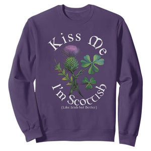 Funny St. Patrick's Day Sweatshirt Kiss Me I'm Scottish TS09 Purple Print Your Wear