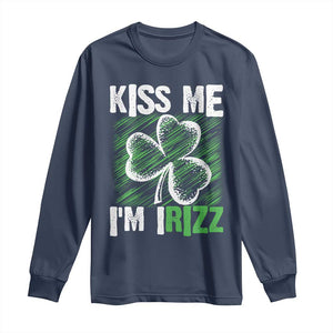 Funny St. Patrick's Day Long Sleeve Shirt Kiss Me I'm iRizz Shamrock TS09 Navy Print Your Wear