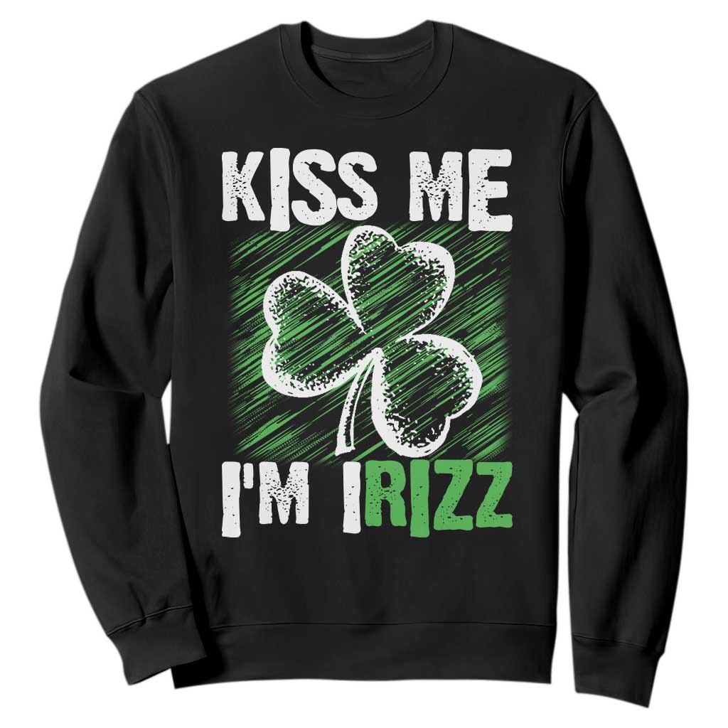 Funny St. Patrick's Day Sweatshirt Kiss Me I'm iRizz Shamrock TS09 Black Print Your Wear