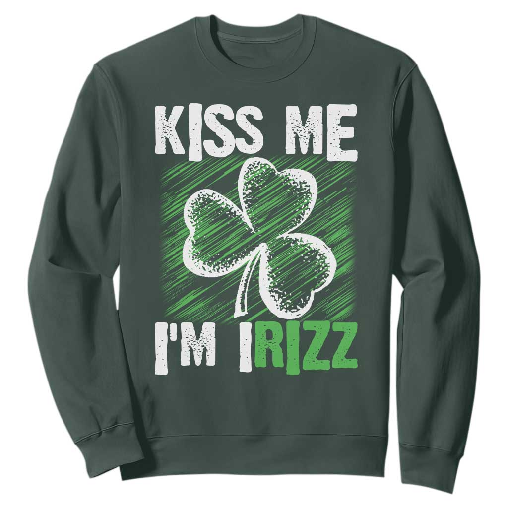 Funny St. Patrick's Day Sweatshirt Kiss Me I'm iRizz Shamrock TS09 Dark Forest Green Print Your Wear