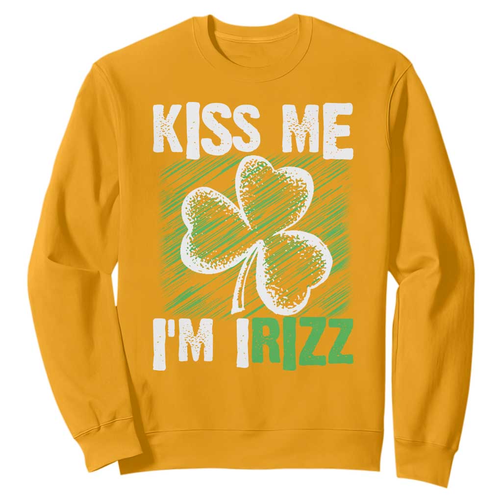 Funny St. Patrick's Day Sweatshirt Kiss Me I'm iRizz Shamrock TS09 Gold Print Your Wear
