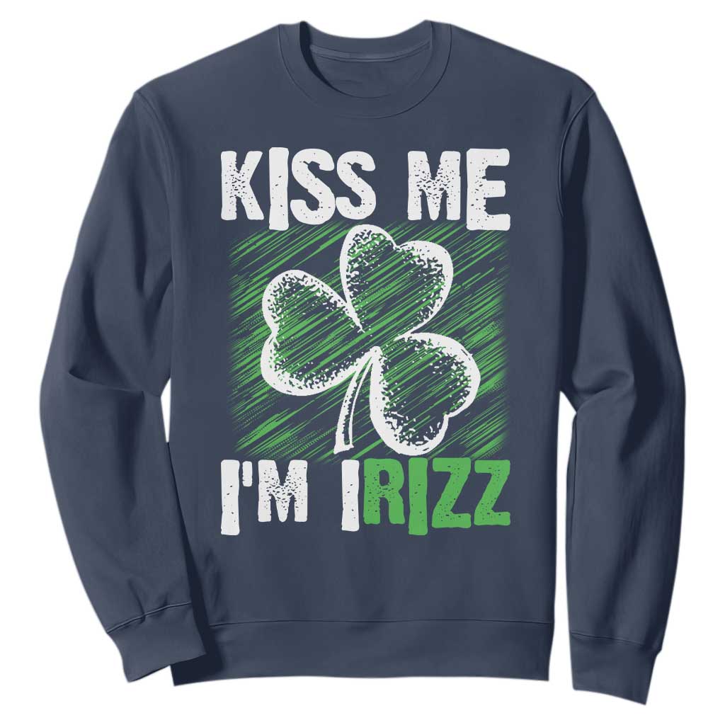 Funny St. Patrick's Day Sweatshirt Kiss Me I'm iRizz Shamrock TS09 Navy Print Your Wear