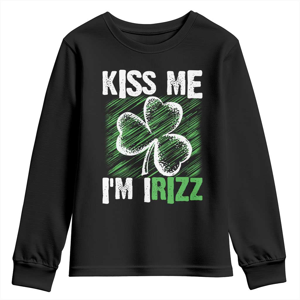 Funny St. Patrick's Day Youth Sweatshirt Kiss Me I'm iRizz Shamrock TS09 Black Print Your Wear