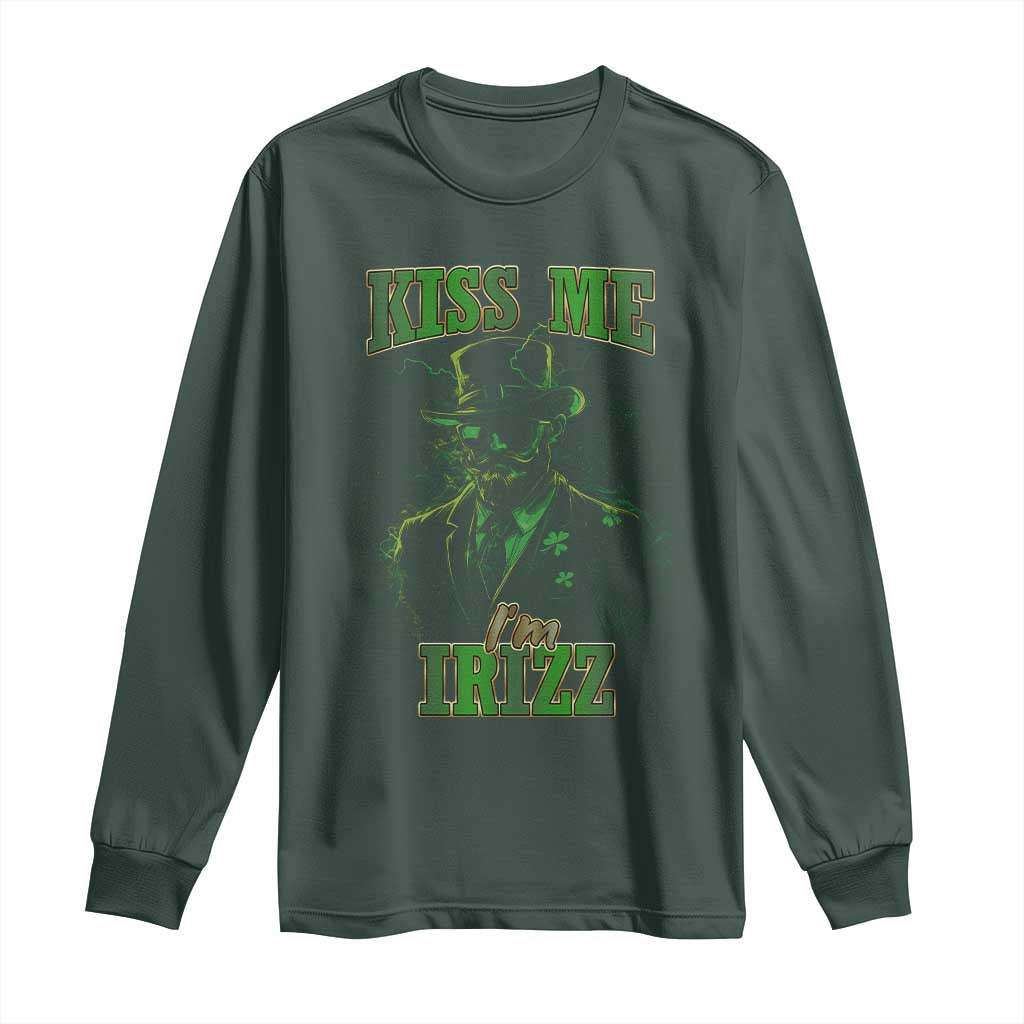 Funny St. Patrick's Day Long Sleeve Shirt Kiss Me I'm iRizz Cool Leprechaun TS09 Dark Forest Green Print Your Wear