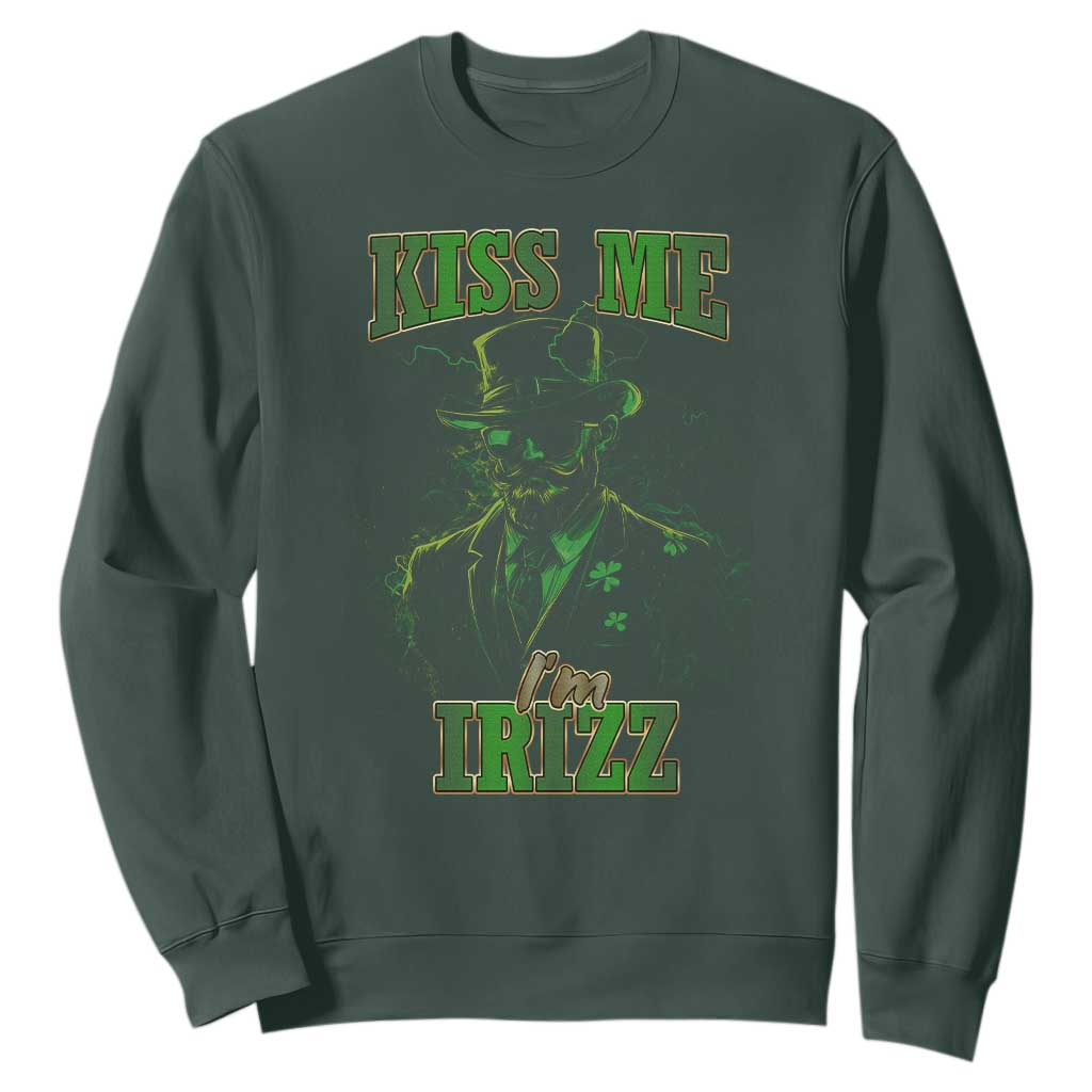 Funny St. Patrick's Day Sweatshirt Kiss Me I'm iRizz Cool Leprechaun TS09 Dark Forest Green Print Your Wear