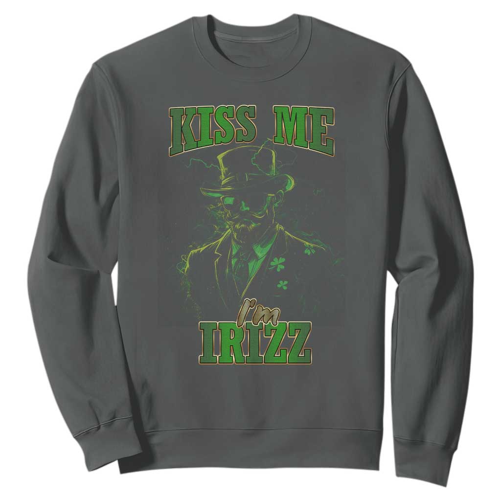 Funny St. Patrick's Day Sweatshirt Kiss Me I'm iRizz Cool Leprechaun TS09 Dark Heather Print Your Wear