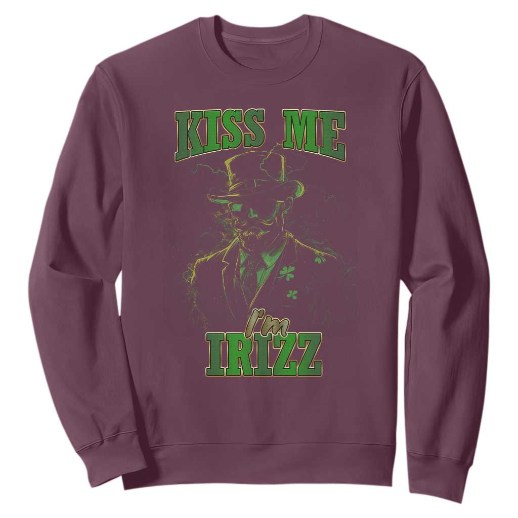 Funny St. Patrick's Day Sweatshirt Kiss Me I'm iRizz Cool Leprechaun TS09 Maroon Print Your Wear