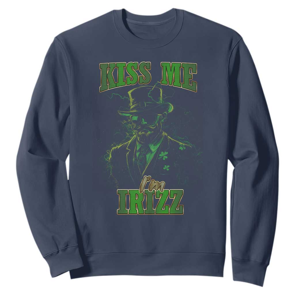 Funny St. Patrick's Day Sweatshirt Kiss Me I'm iRizz Cool Leprechaun TS09 Navy Print Your Wear