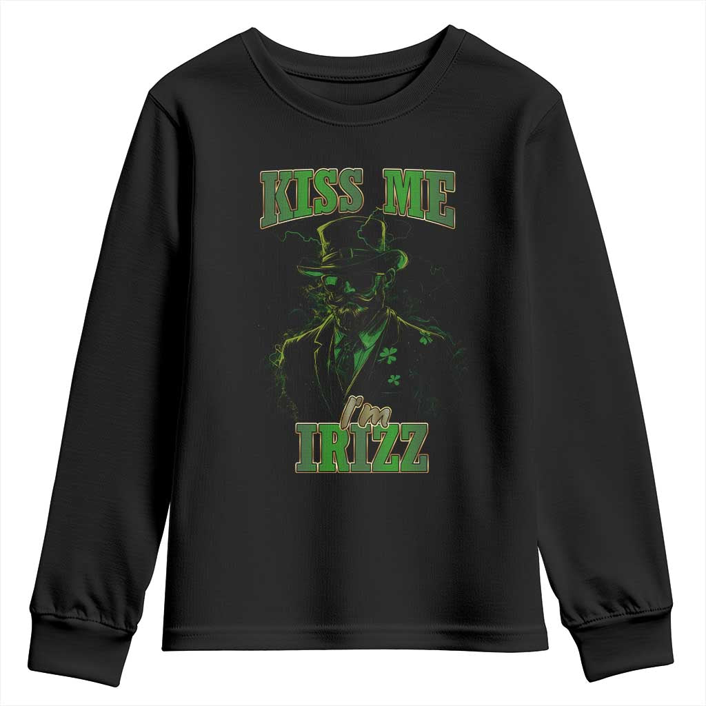 Funny St. Patrick's Day Youth Sweatshirt Kiss Me I'm iRizz Cool Leprechaun TS09 Black Print Your Wear