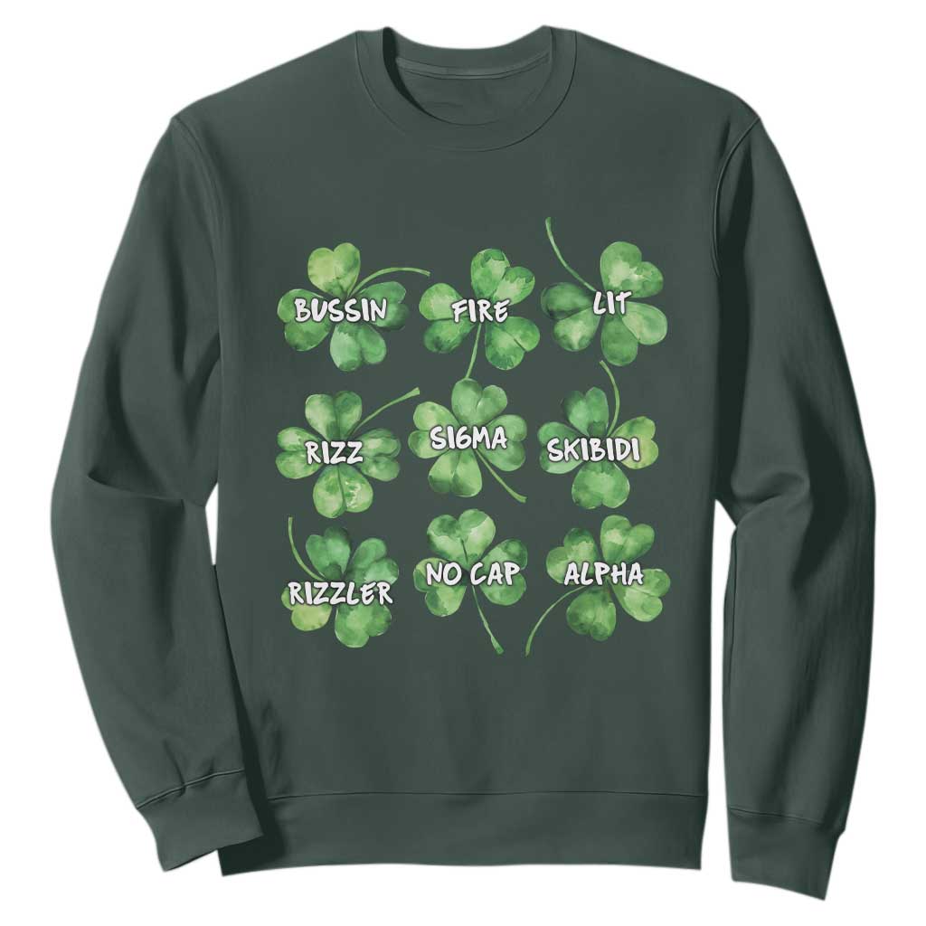 Funny St. Patrick's Day Sweatshirt Shamrock Lit Rizz Sigma Skibidi Rizzler No Cap Alpha TS09 Dark Forest Green Print Your Wear