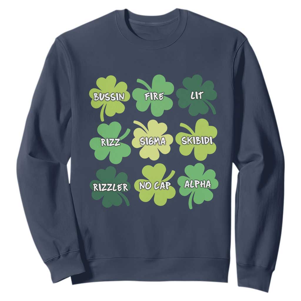 Funny St. Patrick's Day Sweatshirt Lit Rizz Sigma Skibidi Rizzler No Cap Alpha TS09 Navy Print Your Wear