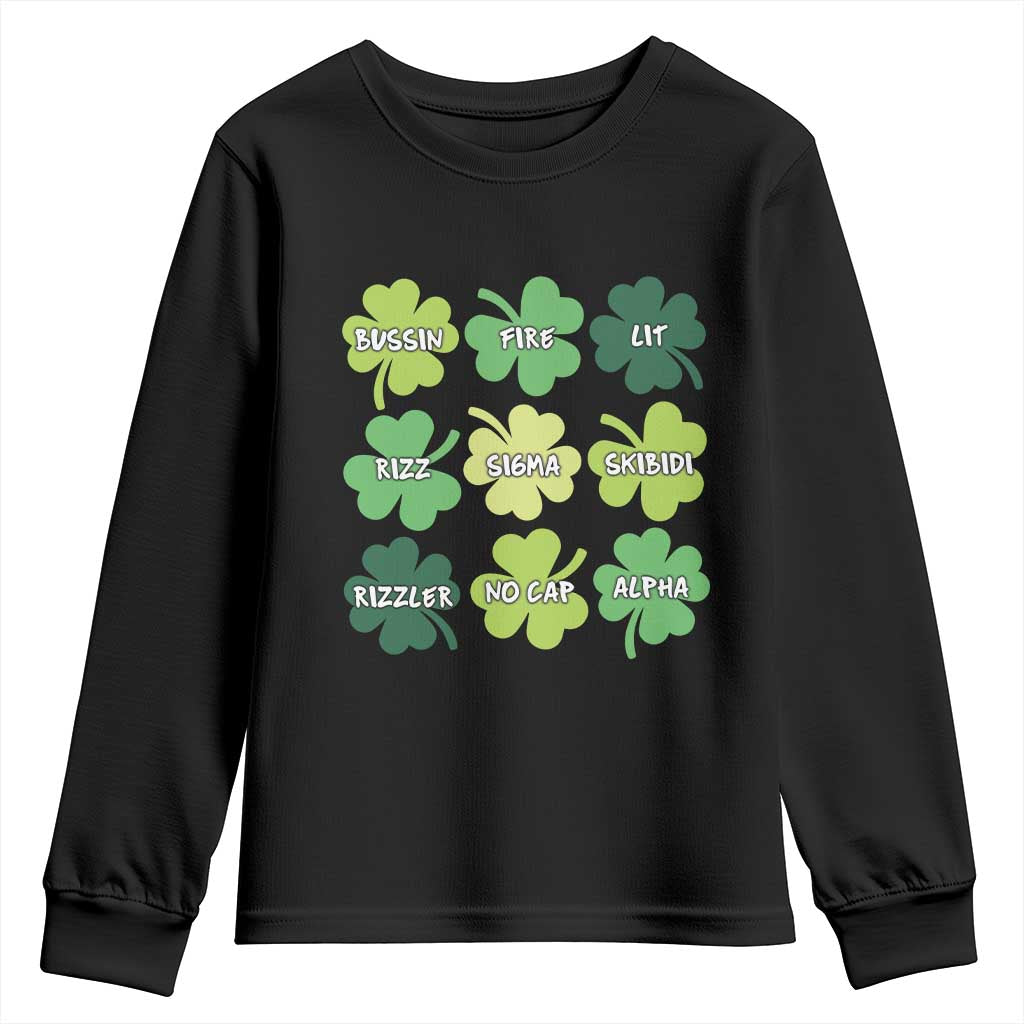 Funny St. Patrick's Day Youth Sweatshirt Lit Rizz Sigma Skibidi Rizzler No Cap Alpha TS09 Black Print Your Wear