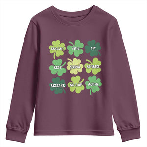 Funny St. Patrick's Day Youth Sweatshirt Lit Rizz Sigma Skibidi Rizzler No Cap Alpha TS09 Maroon Print Your Wear