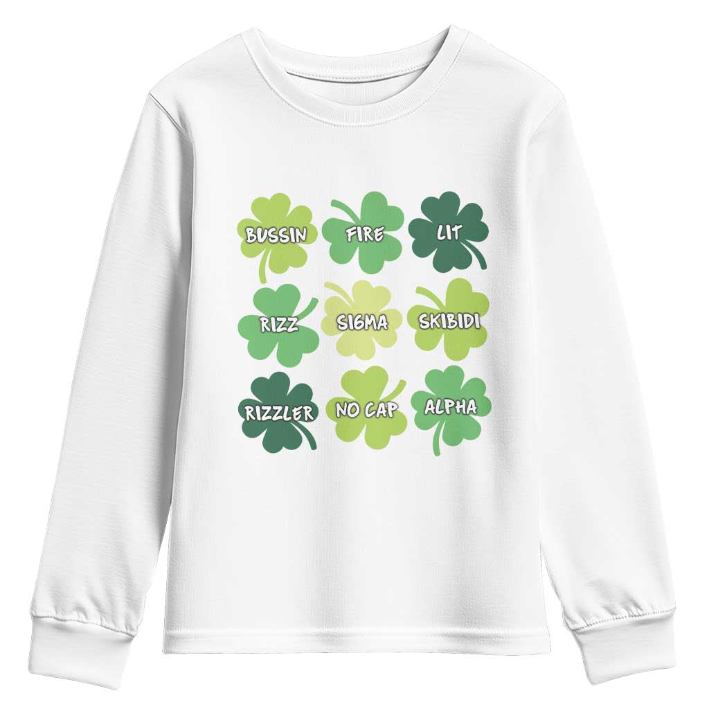 Funny St. Patrick's Day Youth Sweatshirt Lit Rizz Sigma Skibidi Rizzler No Cap Alpha TS09 White Print Your Wear