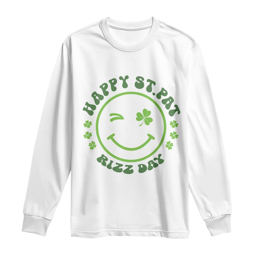 Funny St. Patrick's Day Long Sleeve Shirt Happy St Pat Rizz Day Lucky Shamrock Face TS09 White Print Your Wear