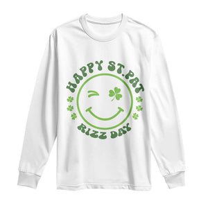 Funny St. Patrick's Day Long Sleeve Shirt Happy St Pat Rizz Day Lucky Shamrock Face TS09 White Print Your Wear