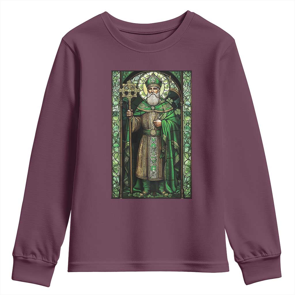St. Patrick's Day Youth Sweatshirt Saint Patrick Art Aesthetic Stained Glass TS09 Maroon Print Your Wear