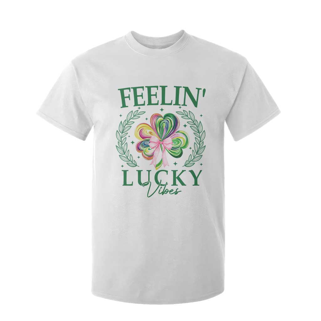 St. Patrick's Day T Shirt For Kid Feelin' Lucky Vibes Shamrock Coquette Bow TS09 White Print Your Wear