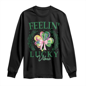 St. Patrick's Day Long Sleeve Shirt Feelin' Lucky Vibes Shamrock Coquette Bow TS09 Black Print Your Wear