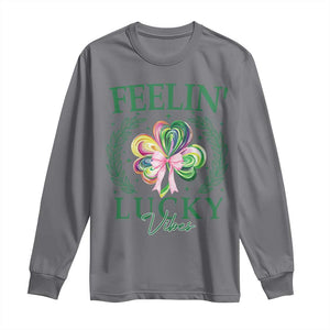 St. Patrick's Day Long Sleeve Shirt Feelin' Lucky Vibes Shamrock Coquette Bow TS09 Charcoal Print Your Wear