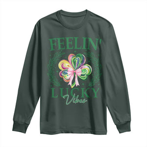 St. Patrick's Day Long Sleeve Shirt Feelin' Lucky Vibes Shamrock Coquette Bow TS09 Dark Forest Green Print Your Wear