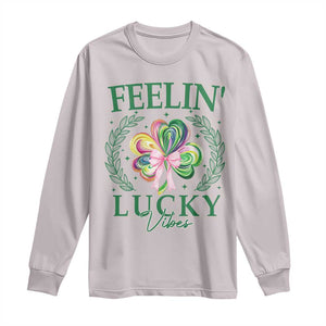 St. Patrick's Day Long Sleeve Shirt Feelin' Lucky Vibes Shamrock Coquette Bow TS09 Ice Gray Print Your Wear