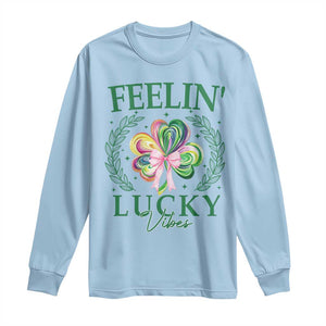 St. Patrick's Day Long Sleeve Shirt Feelin' Lucky Vibes Shamrock Coquette Bow TS09 Light Blue Print Your Wear