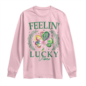 St. Patrick's Day Long Sleeve Shirt Feelin' Lucky Vibes Shamrock Coquette Bow TS09 Light Pink Print Your Wear