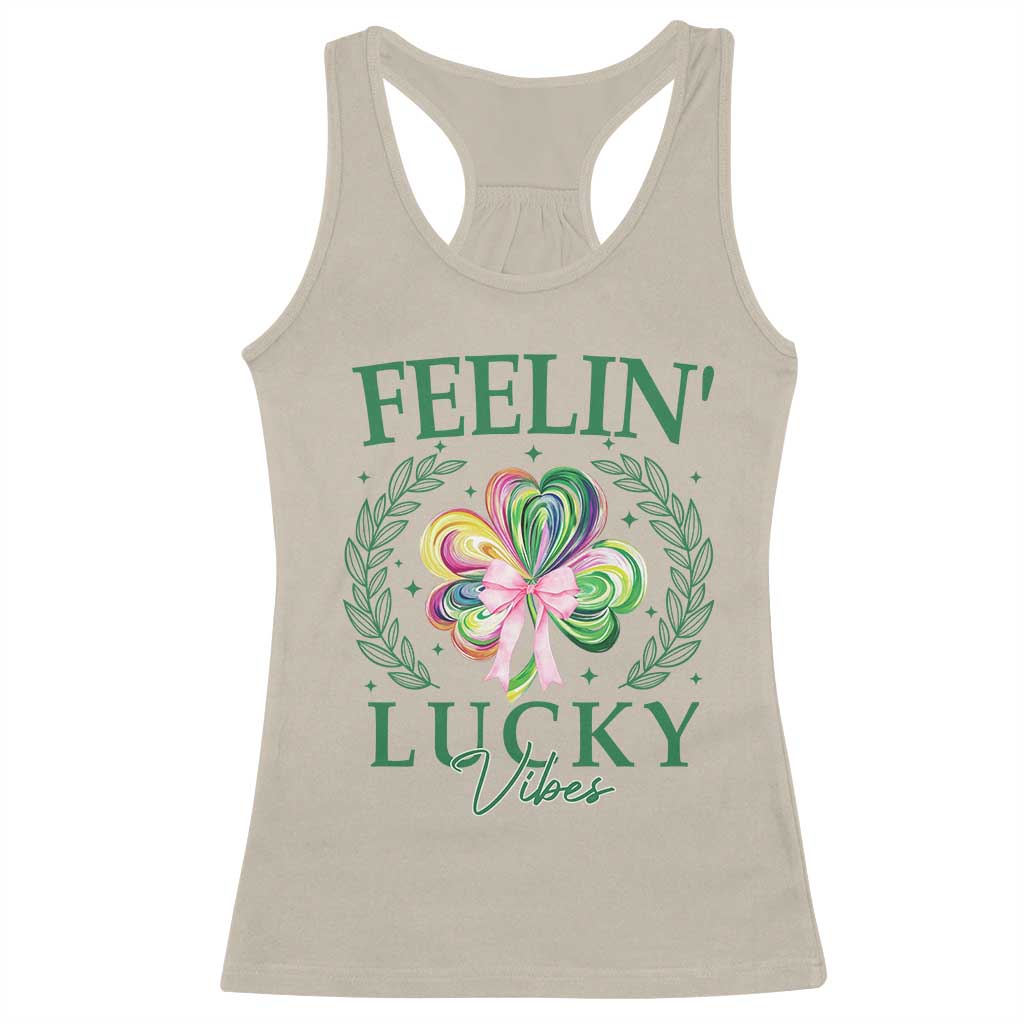 St. Patrick's Day Racerback Tank Top Feelin' Lucky Vibes Shamrock Coquette Bow TS09 Sand Print Your Wear