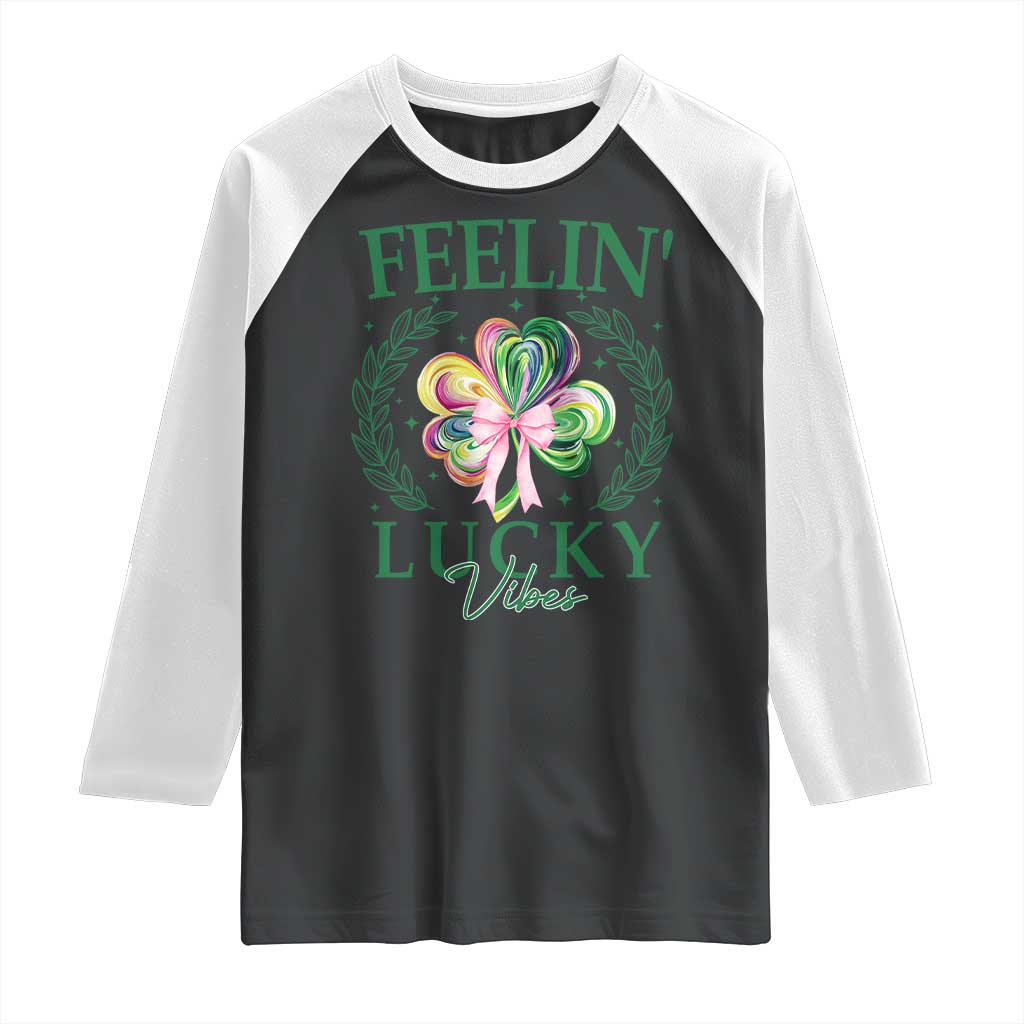 St. Patrick's Day Raglan Shirt Feelin' Lucky Vibes Shamrock Coquette Bow TS09 Black White Print Your Wear