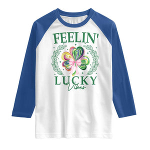 St. Patrick's Day Raglan Shirt Feelin' Lucky Vibes Shamrock Coquette Bow TS09 White Royal Print Your Wear