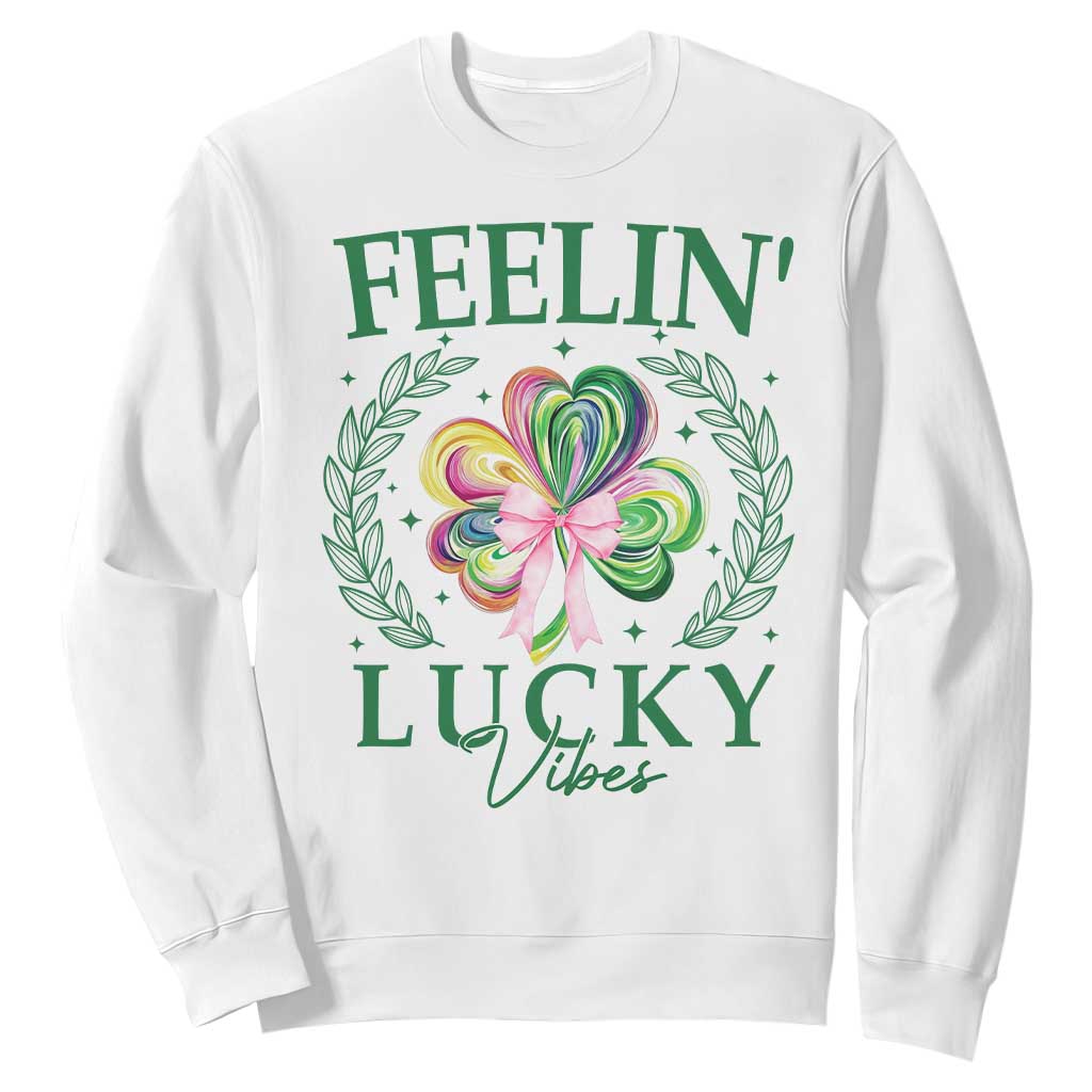 St. Patrick's Day Sweatshirt Feelin' Lucky Vibes Shamrock Coquette Bow TS09 White Print Your Wear
