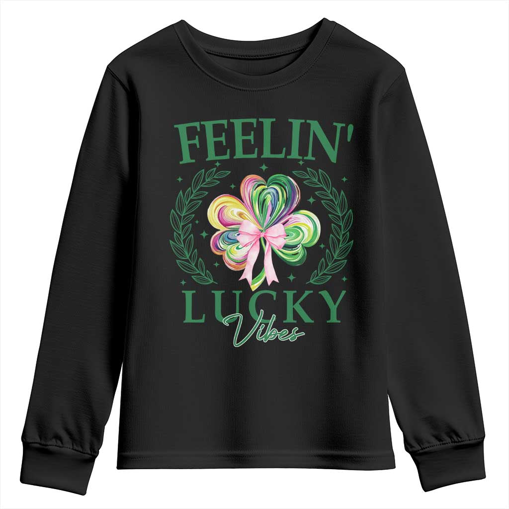 St. Patrick's Day Youth Sweatshirt Feelin' Lucky Vibes Shamrock Coquette Bow TS09 Black Print Your Wear