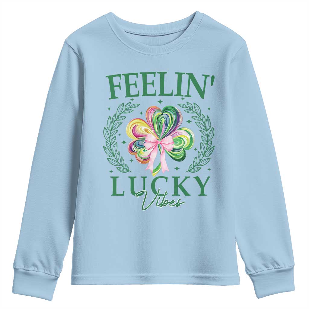 St. Patrick's Day Youth Sweatshirt Feelin' Lucky Vibes Shamrock Coquette Bow TS09 Light Blue Print Your Wear