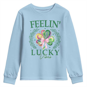 St. Patrick's Day Youth Sweatshirt Feelin' Lucky Vibes Shamrock Coquette Bow TS09 Light Blue Print Your Wear