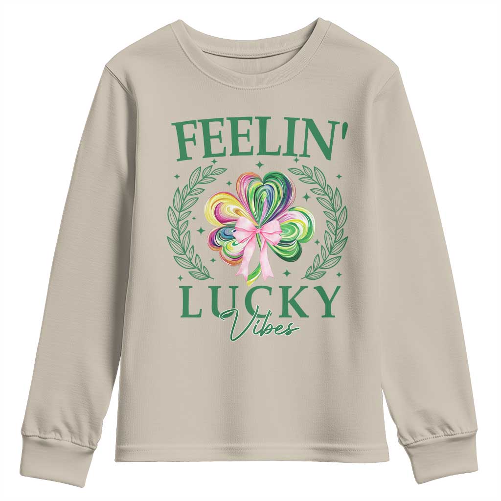 St. Patrick's Day Youth Sweatshirt Feelin' Lucky Vibes Shamrock Coquette Bow TS09 Sand Print Your Wear
