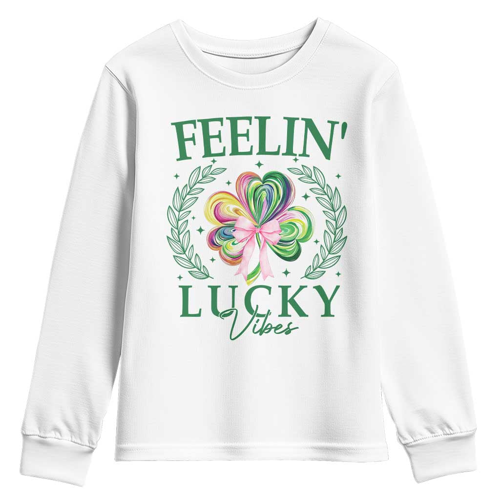 St. Patrick's Day Youth Sweatshirt Feelin' Lucky Vibes Shamrock Coquette Bow TS09 White Print Your Wear