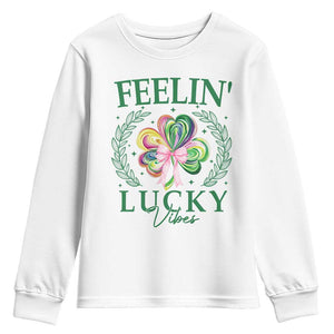 St. Patrick's Day Youth Sweatshirt Feelin' Lucky Vibes Shamrock Coquette Bow TS09 White Print Your Wear