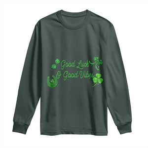 St. Patrick's Day Long Sleeve Shirt Good Luck And Good Vibes Shamrock Coquette Bow TS09 Dark Forest Green Print Your Wear