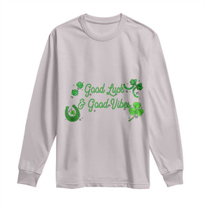 St. Patrick's Day Long Sleeve Shirt Good Luck And Good Vibes Shamrock Coquette Bow TS09 Ice Gray Print Your Wear