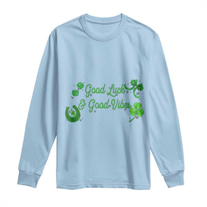 St. Patrick's Day Long Sleeve Shirt Good Luck And Good Vibes Shamrock Coquette Bow TS09 Light Blue Print Your Wear