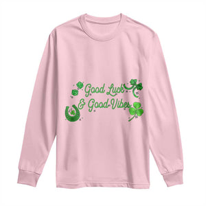 St. Patrick's Day Long Sleeve Shirt Good Luck And Good Vibes Shamrock Coquette Bow TS09 Light Pink Print Your Wear