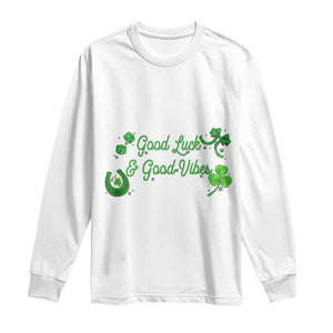 St. Patrick's Day Long Sleeve Shirt Good Luck And Good Vibes Shamrock Coquette Bow TS09 White Print Your Wear