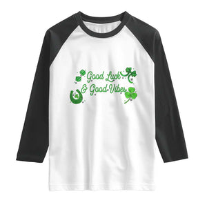 St. Patrick's Day Raglan Shirt Good Luck And Good Vibes Shamrock Coquette Bow TS09 White Black Print Your Wear