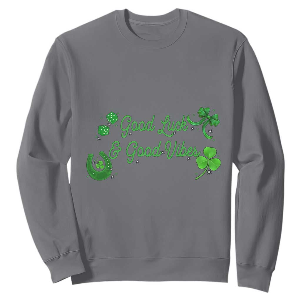 St. Patrick's Day Sweatshirt Good Luck And Good Vibes Shamrock Coquette Bow TS09 Charcoal Print Your Wear
