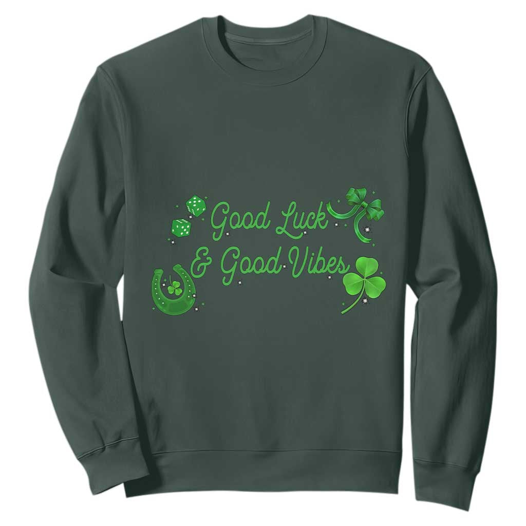 St. Patrick's Day Sweatshirt Good Luck And Good Vibes Shamrock Coquette Bow TS09 Dark Forest Green Print Your Wear